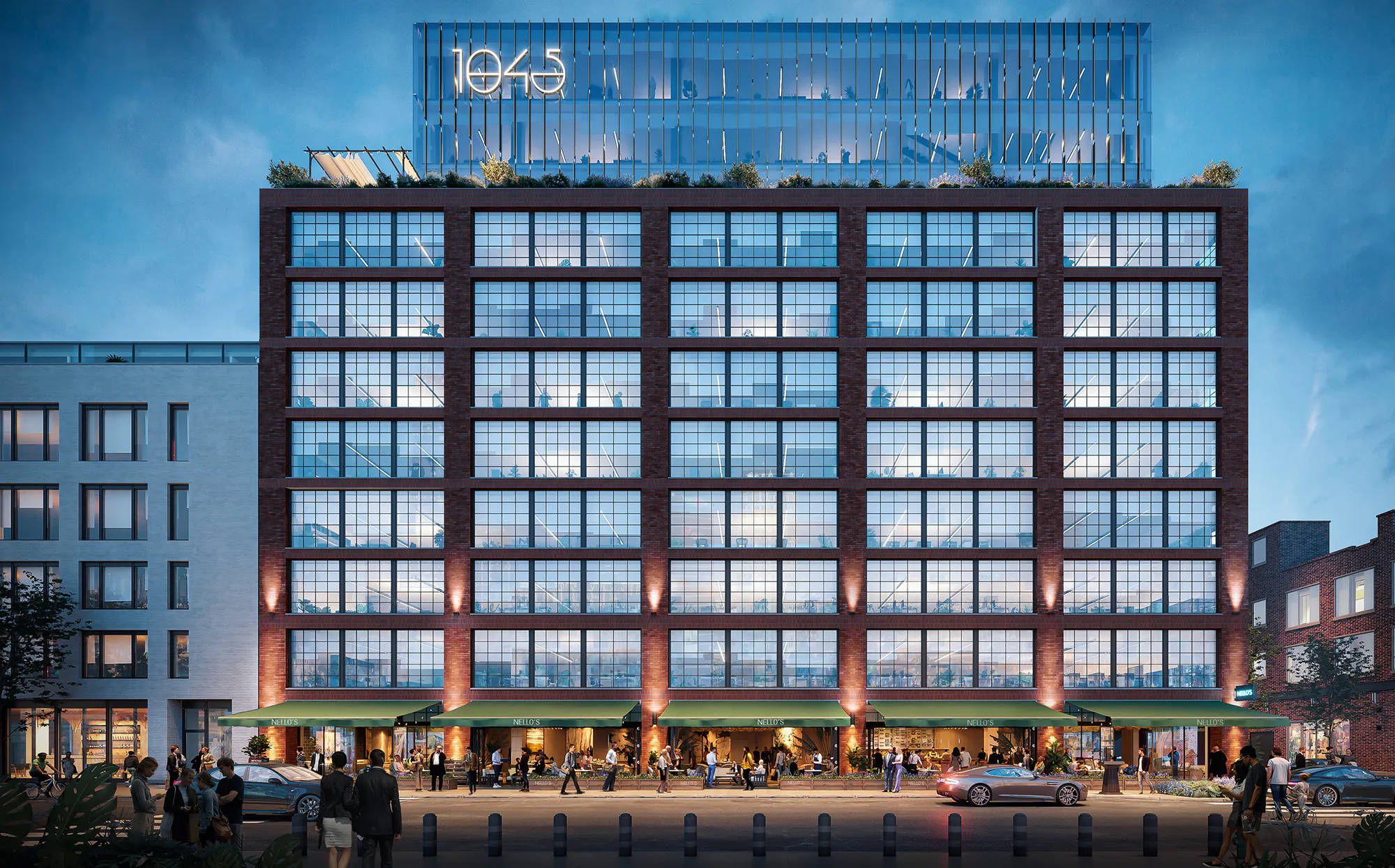 Full hero rendering of 1045 on Fulton, commercial office space at night